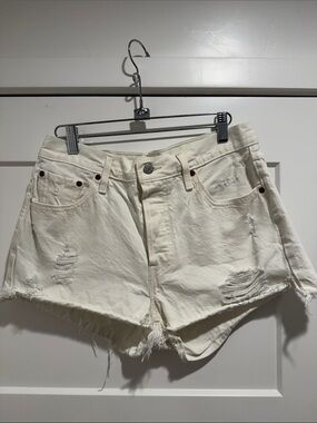 Levi's 501 Cream Distressed High-Rise Denim Shorts